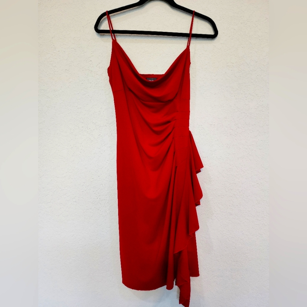 Bisou Bisou Red Cowl Neck Ruffle Midi Dress Spaghetti Strap Size 4